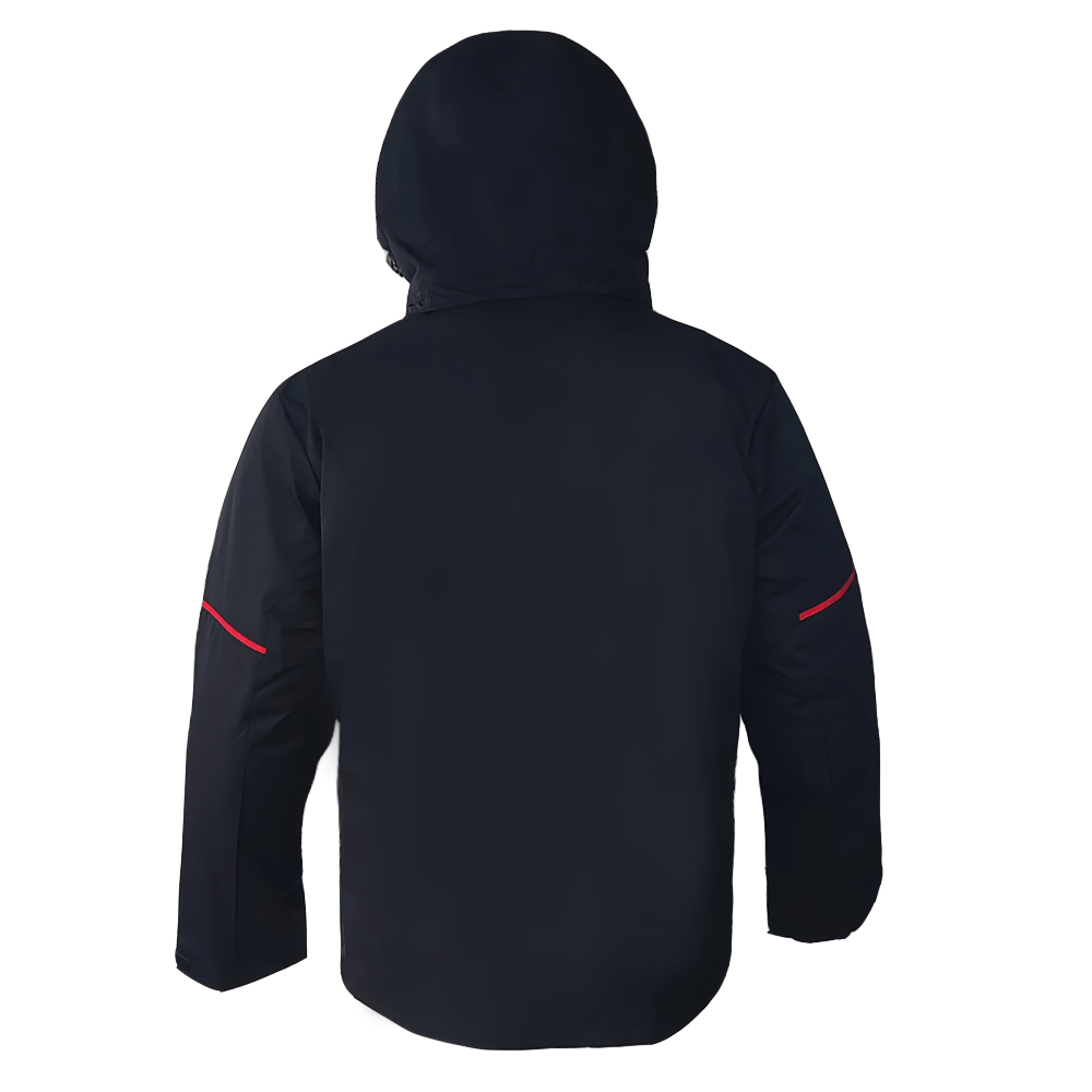 Men's waterproof ski jacket with hood, rear view - SF2051, black with red accents